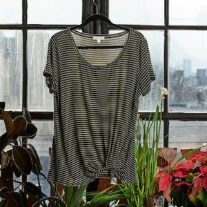 nine britton Levie Knot Front Knit Tee in Olive Stripes - L